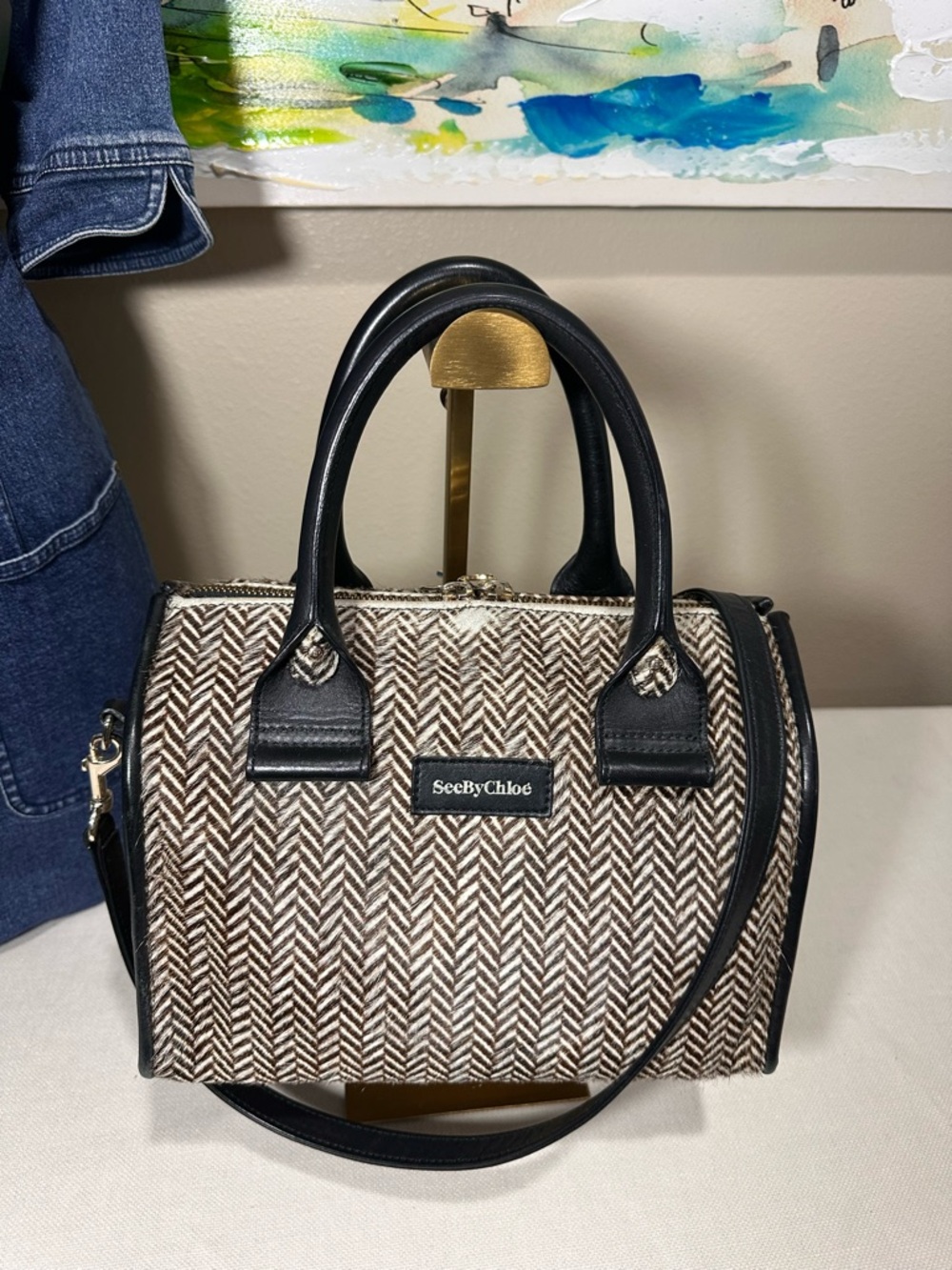 See By Chloé “April” Brown & Black Herringbone Calf Hair Satchel